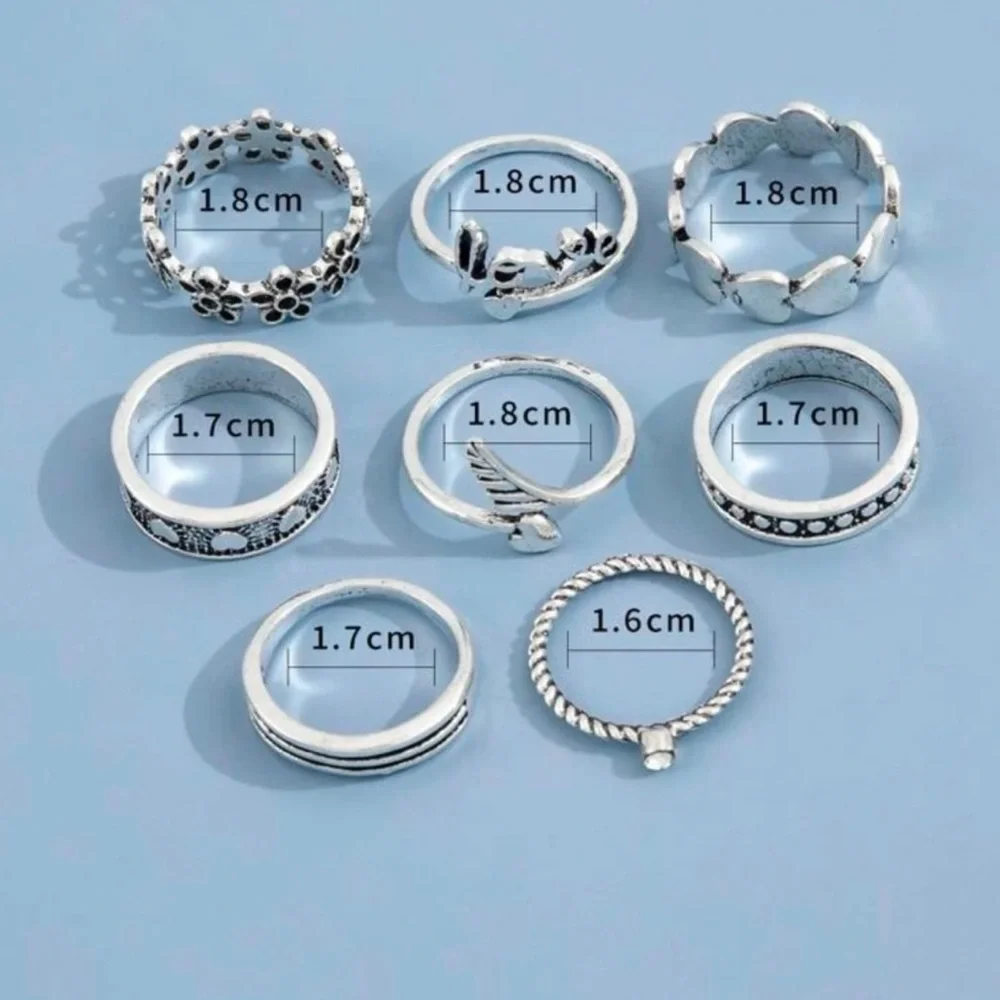 JWR9) New! 8pc Antique Silver Boho Hearts Words flowers Set if 8 Rings - Picture 4 of 5